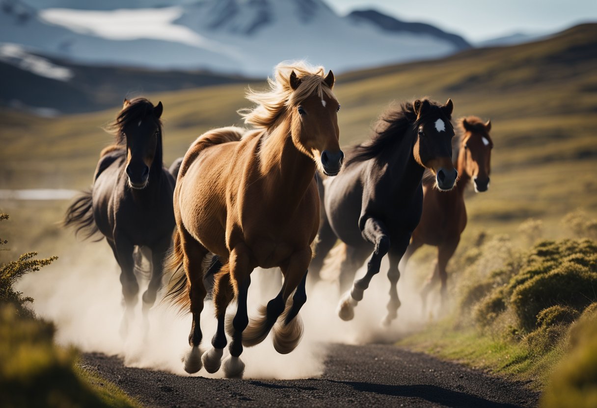 A herd of Icelandic horses gallop across a rugged landscape, their thick manes and tails flowing in the wind, showcasing their unique genetic traits