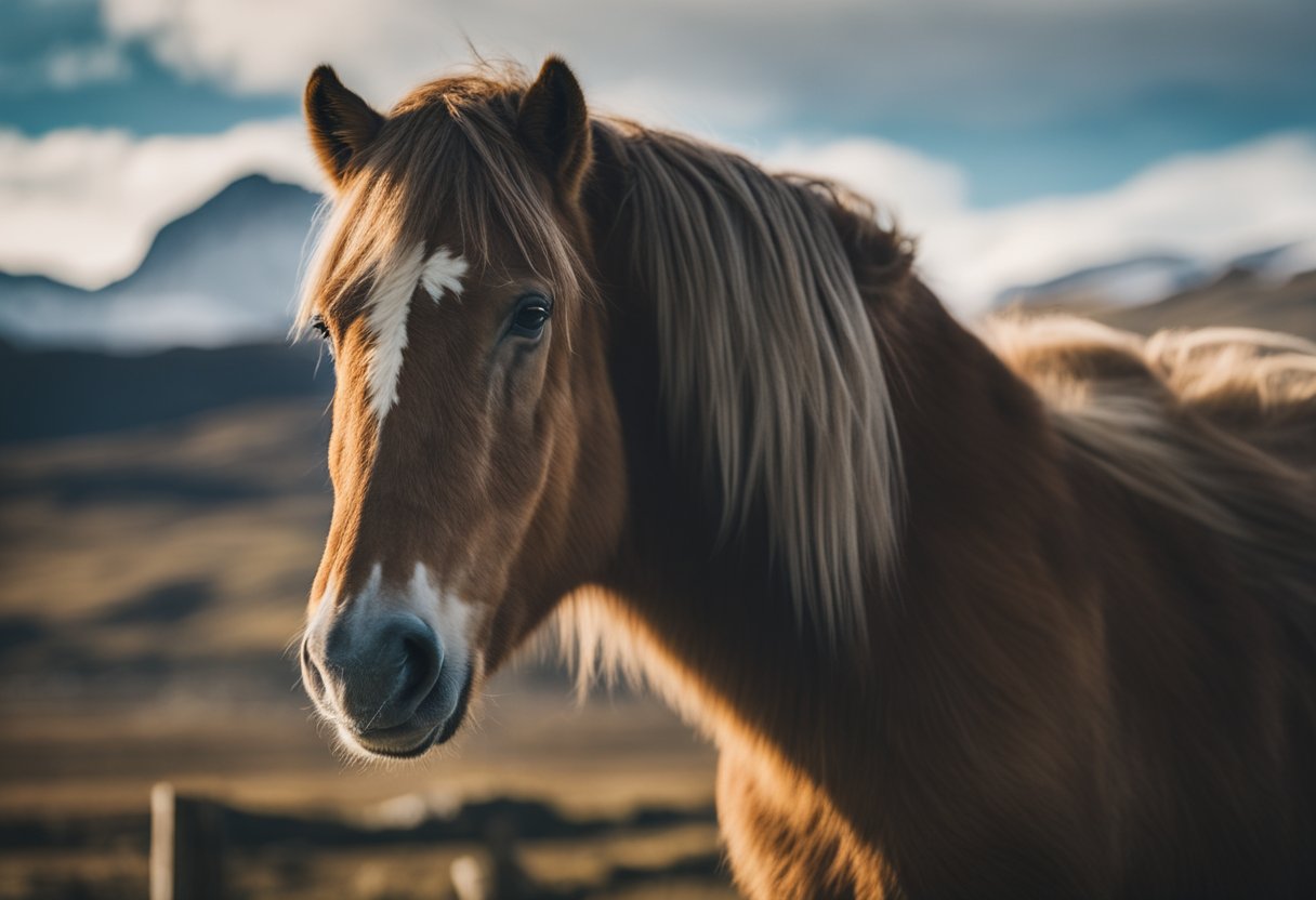 A majestic Icelandic horse with unique features and genetics, standing proudly in a rugged, windswept landscape with mountains in the background