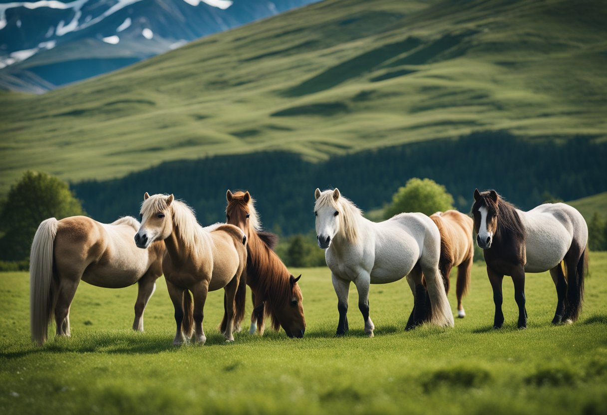 A herd of Icelandic horses grazing in a lush, green meadow with mountains in the background. The horses are displaying unique physical features and characteristics that make them stand out