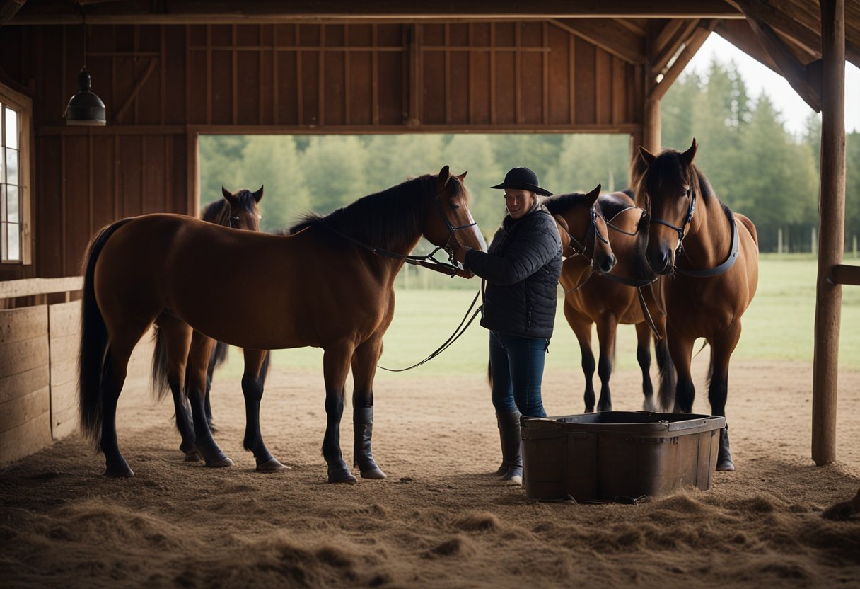 A group of Icelandic horse owners groom and train their horses for upcoming competitions in a rustic barn setting with tack and equipment scattered around