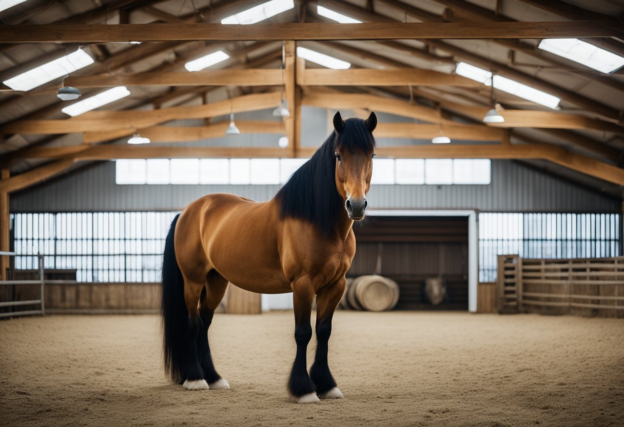 An Icelandic horse stands in a spacious, well-lit stable. Its mane and tail are neatly groomed, and it is surrounded by clean, well-maintained equipment for training and competition