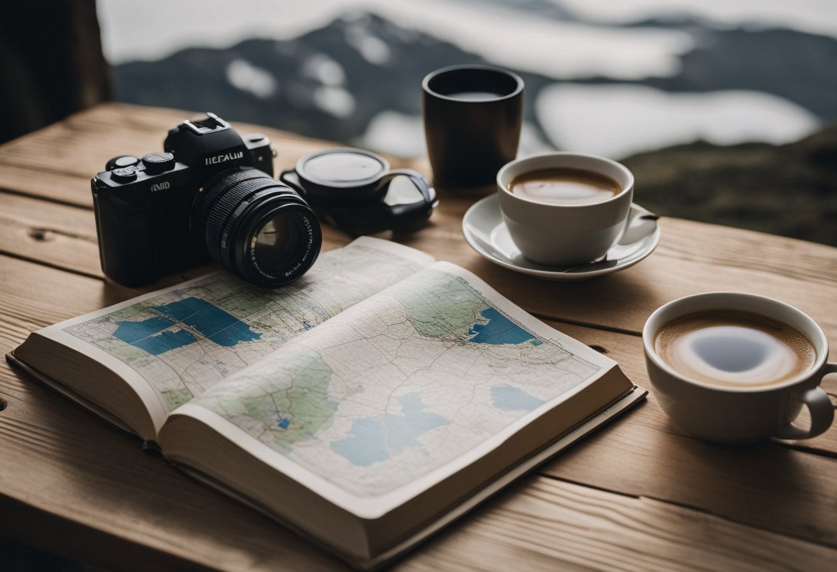 A guidebook lies open on a wooden table, surrounded by riding gear and a map of Iceland. A mug of coffee sits nearby
