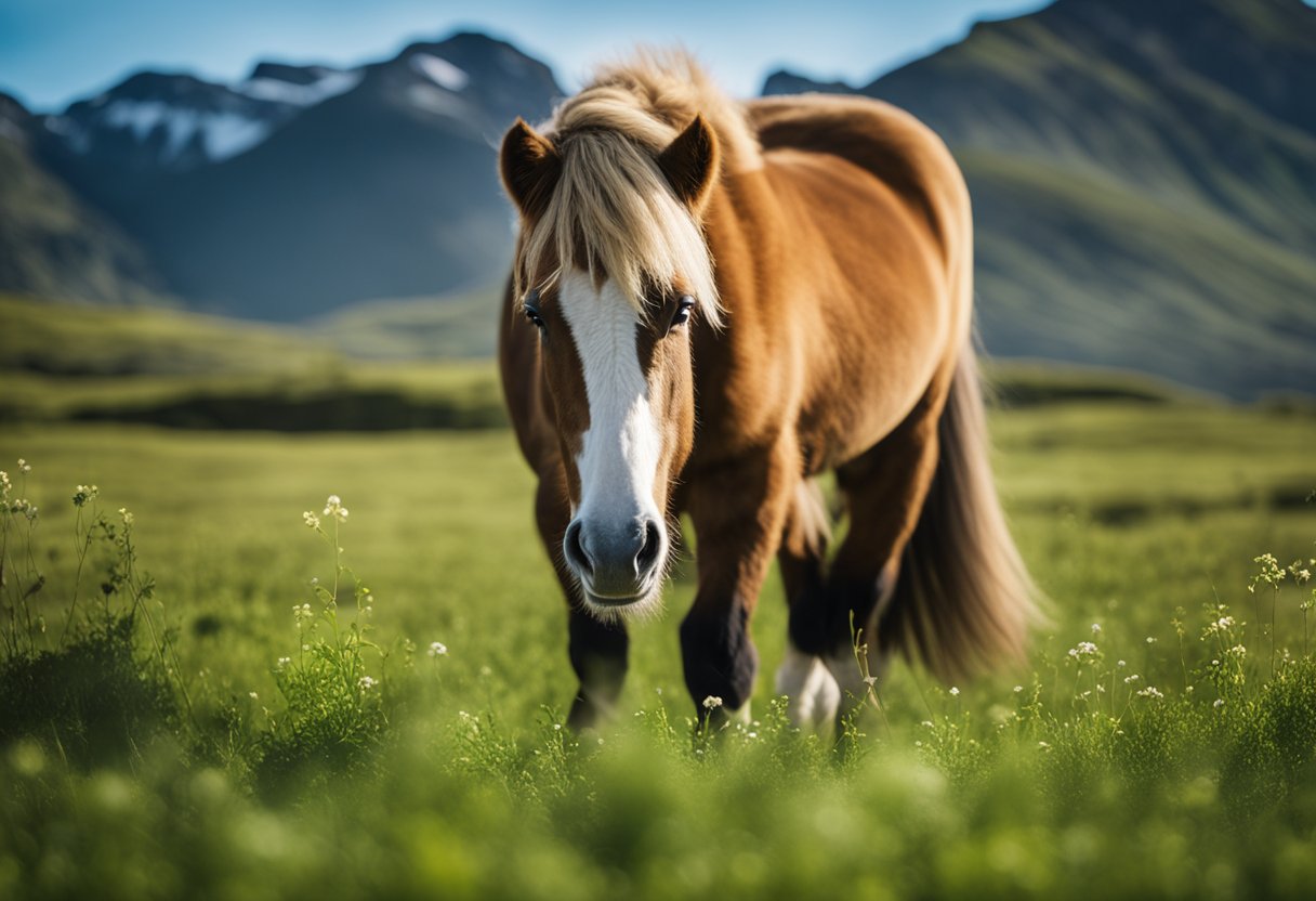 A beautiful Icelandic horse grazing in a lush green pasture, with a clear blue sky and mountains in the background