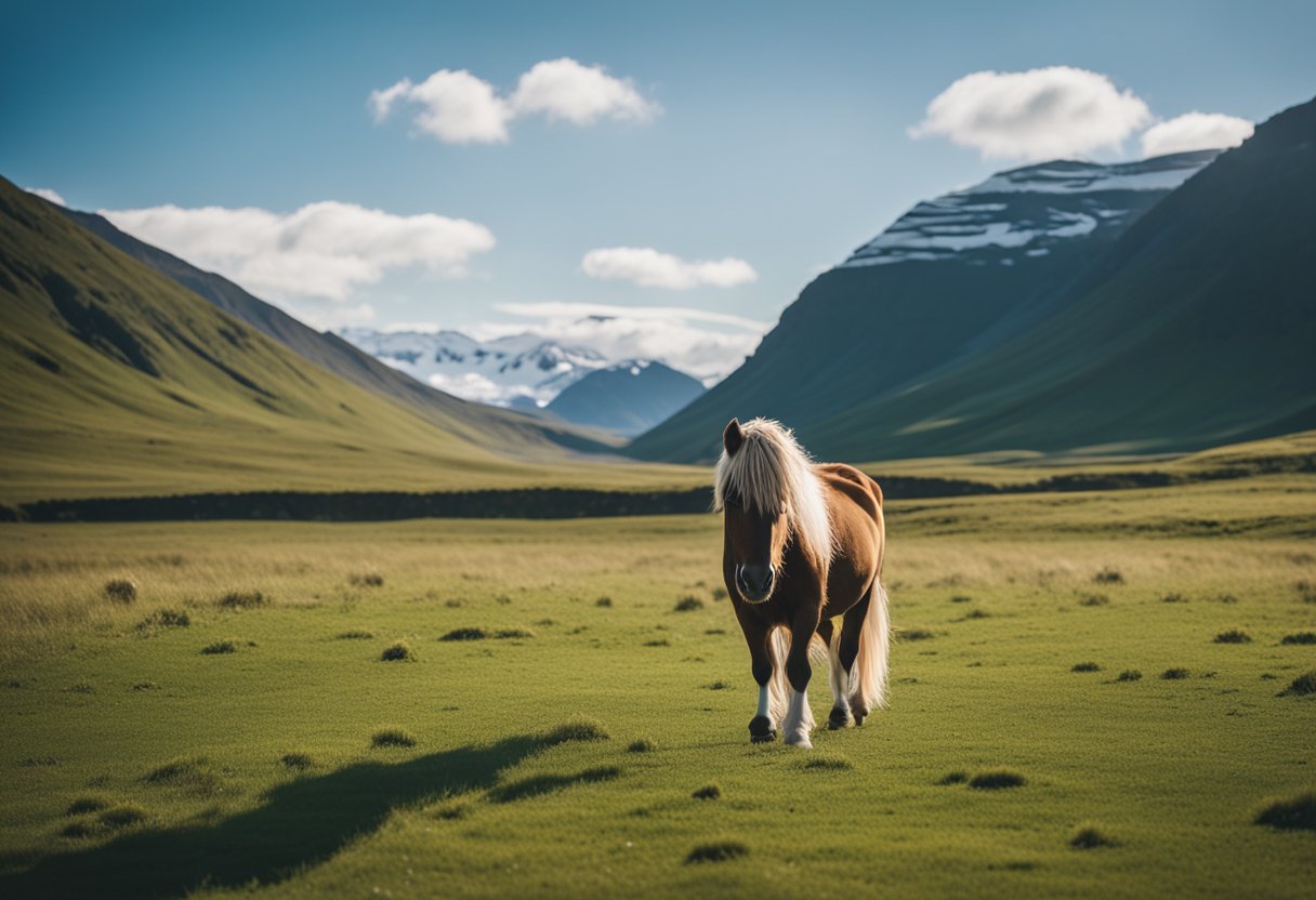An Icelandic horse grazing in a lush green pasture, with a clear blue sky and mountains in the background