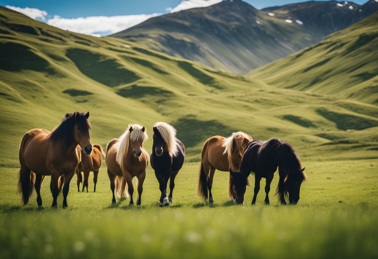 A group of Icelandic horses grazing in a lush green pasture, with a clear blue sky and mountains in the background