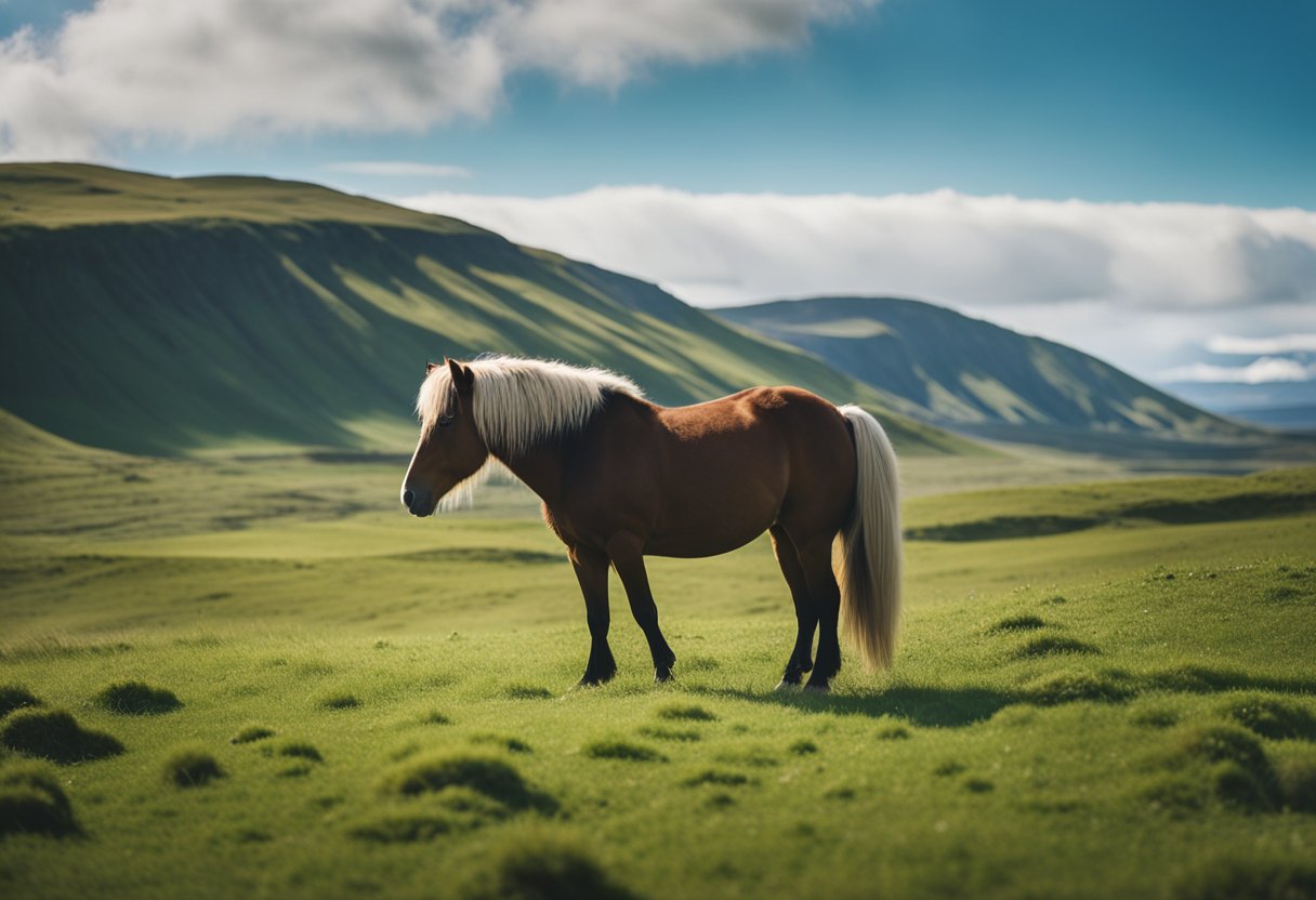 An Icelandic horse grazing in a lush green pasture with a backdrop of rolling hills and a clear blue sky