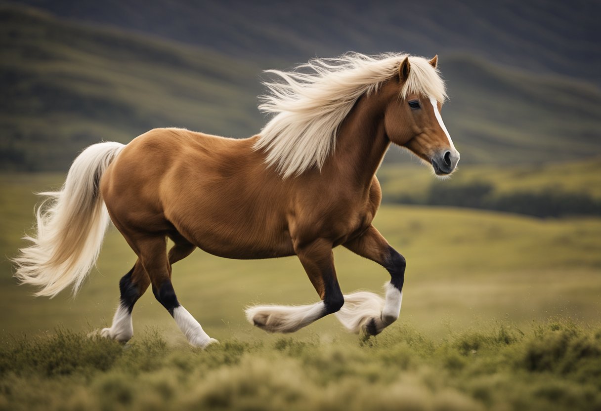 A majestic Icelandic horse gallops through a lush, rolling landscape, its mane and tail flowing in the wind. The horse exudes strength and grace as it moves with purpose and determination