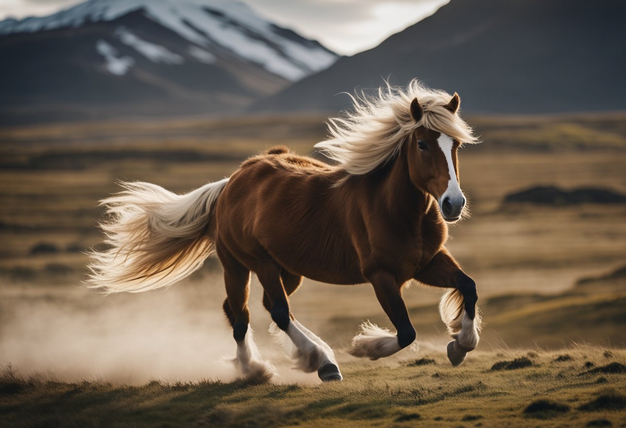 A majestic Icelandic horse galloping through a rugged landscape, its mane flowing in the wind, with a sense of freedom and adventure