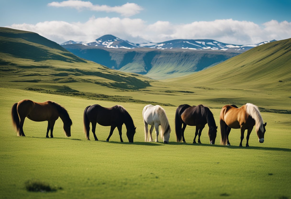 A group of Icelandic horses graze peacefully in a lush green pasture, with rolling hills and a clear blue sky in the background