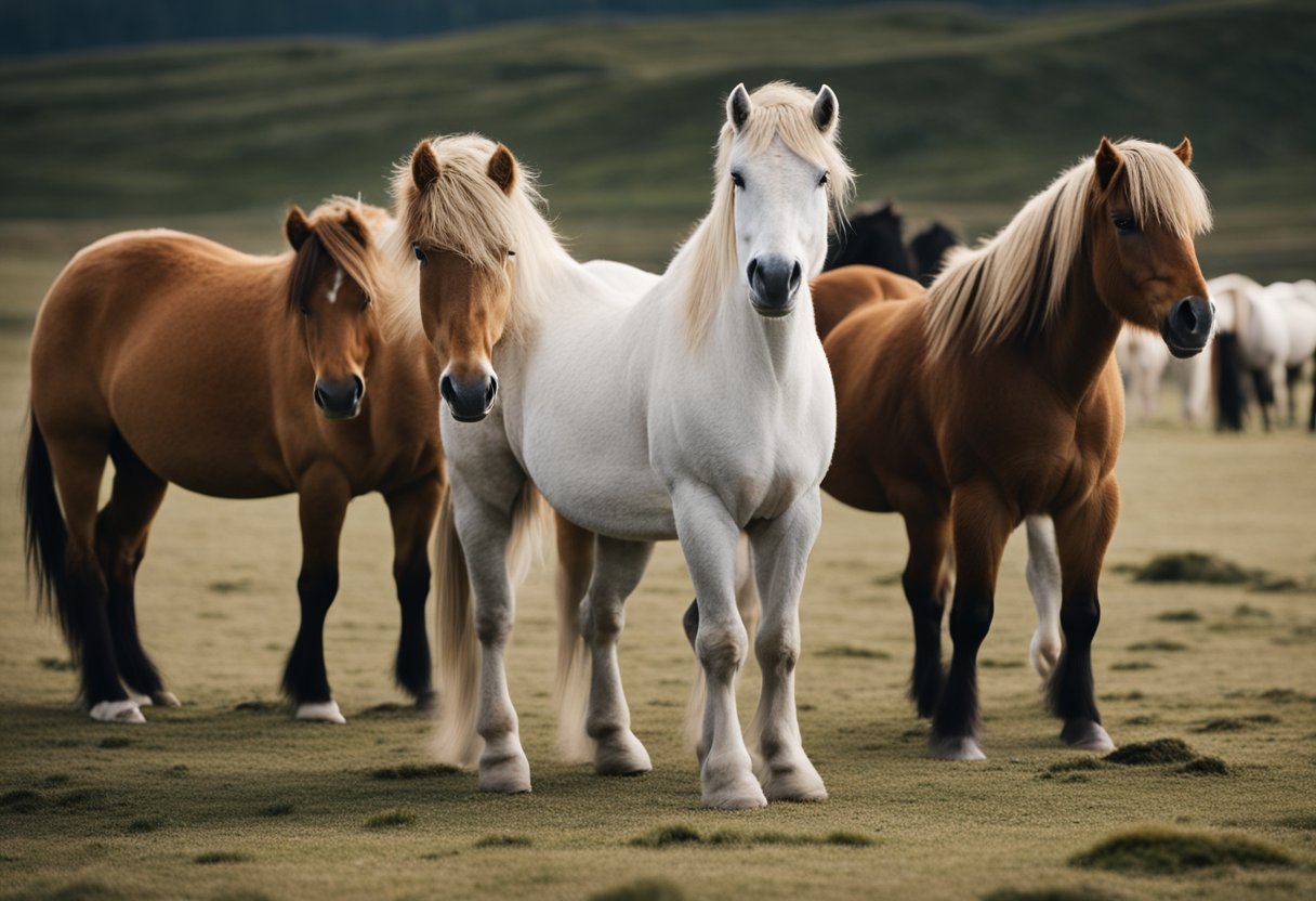 A group of Icelandic horses displaying problem behavior in a paddock. Some are biting and kicking, while others are pacing and showing signs of distress