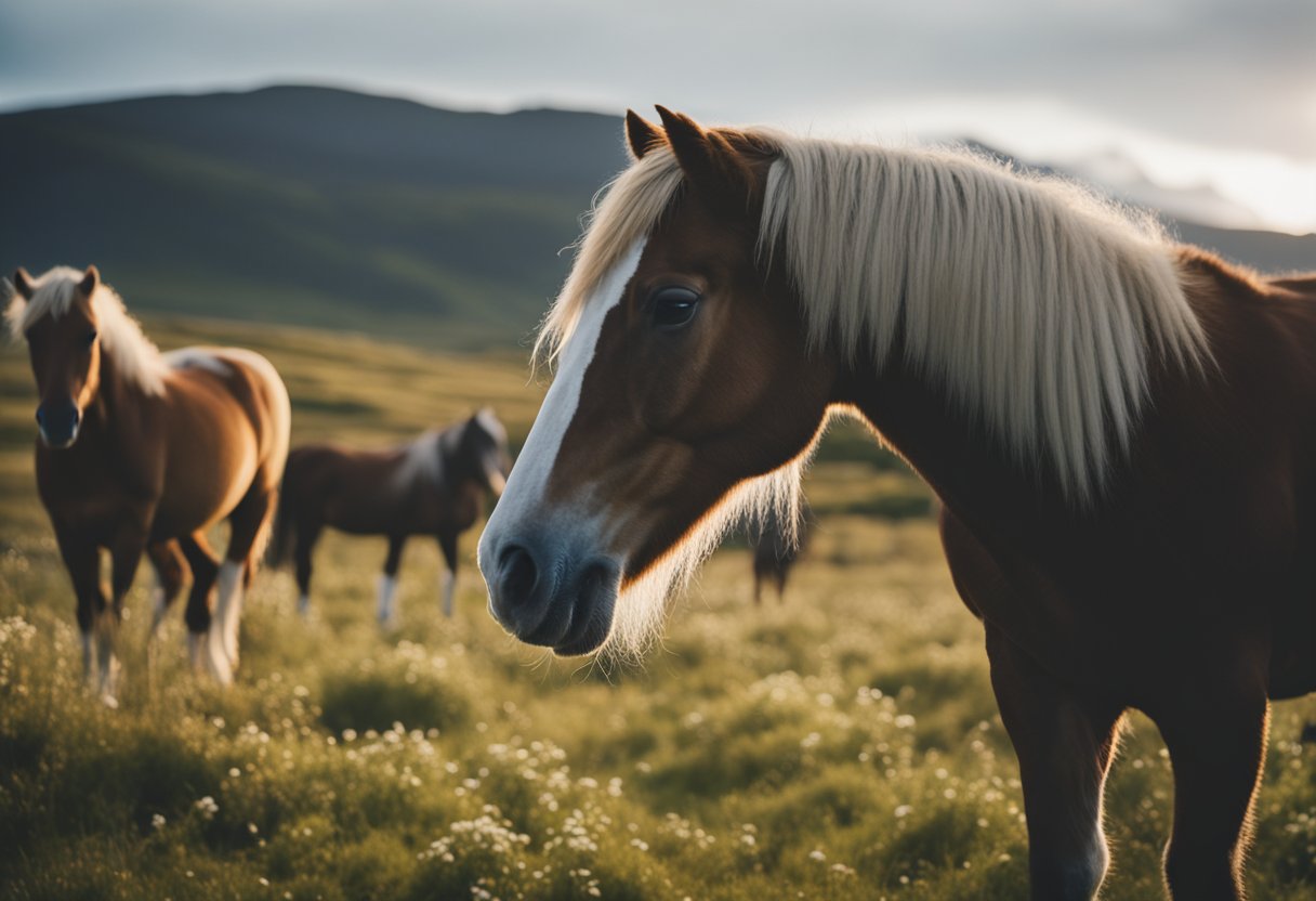 Islandic horses in a natural setting, grazing peacefully in a field with a tranquil and serene atmosphere
