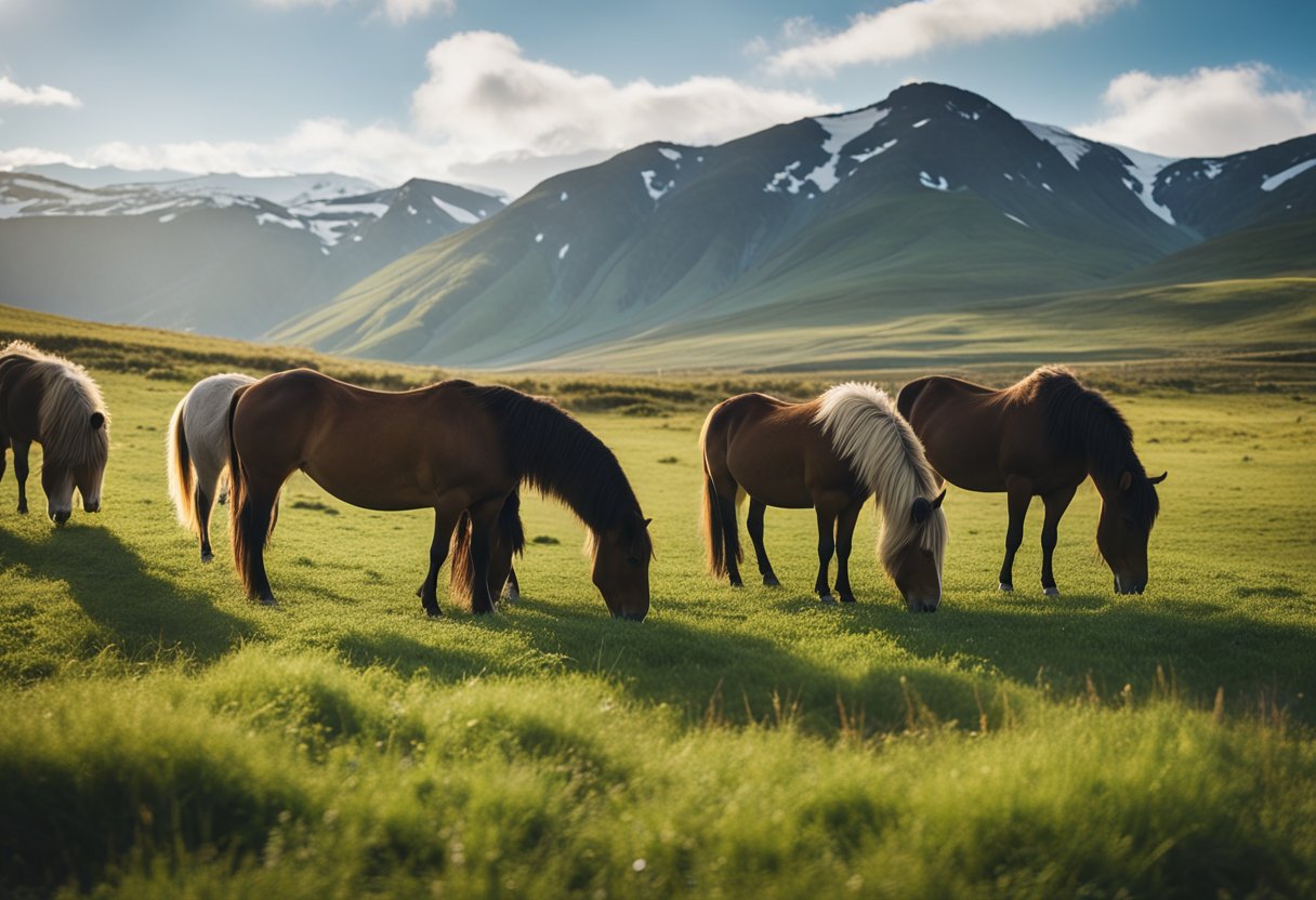 A group of Icelandic horses graze in a lush green pasture, with a backdrop of mountains and a clear blue sky