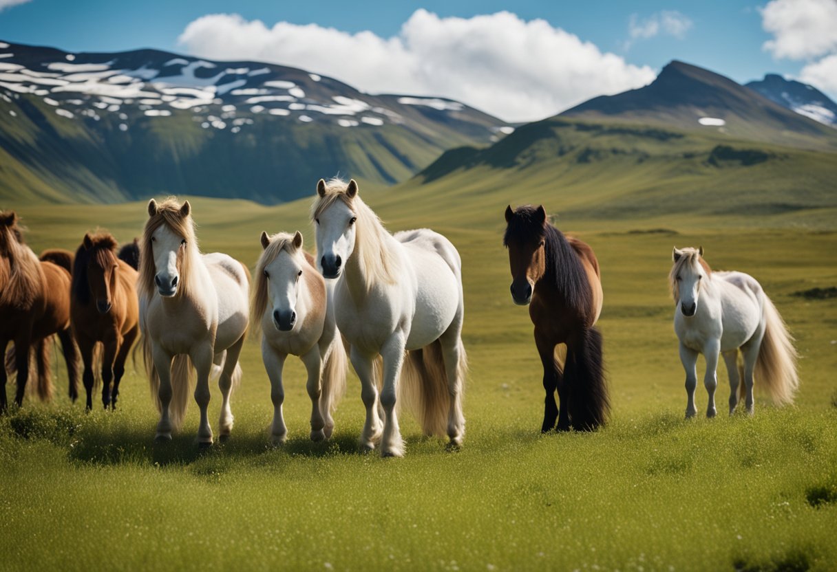 A group of Icelandic horses graze in a lush, open field, surrounded by mountains and a clear blue sky