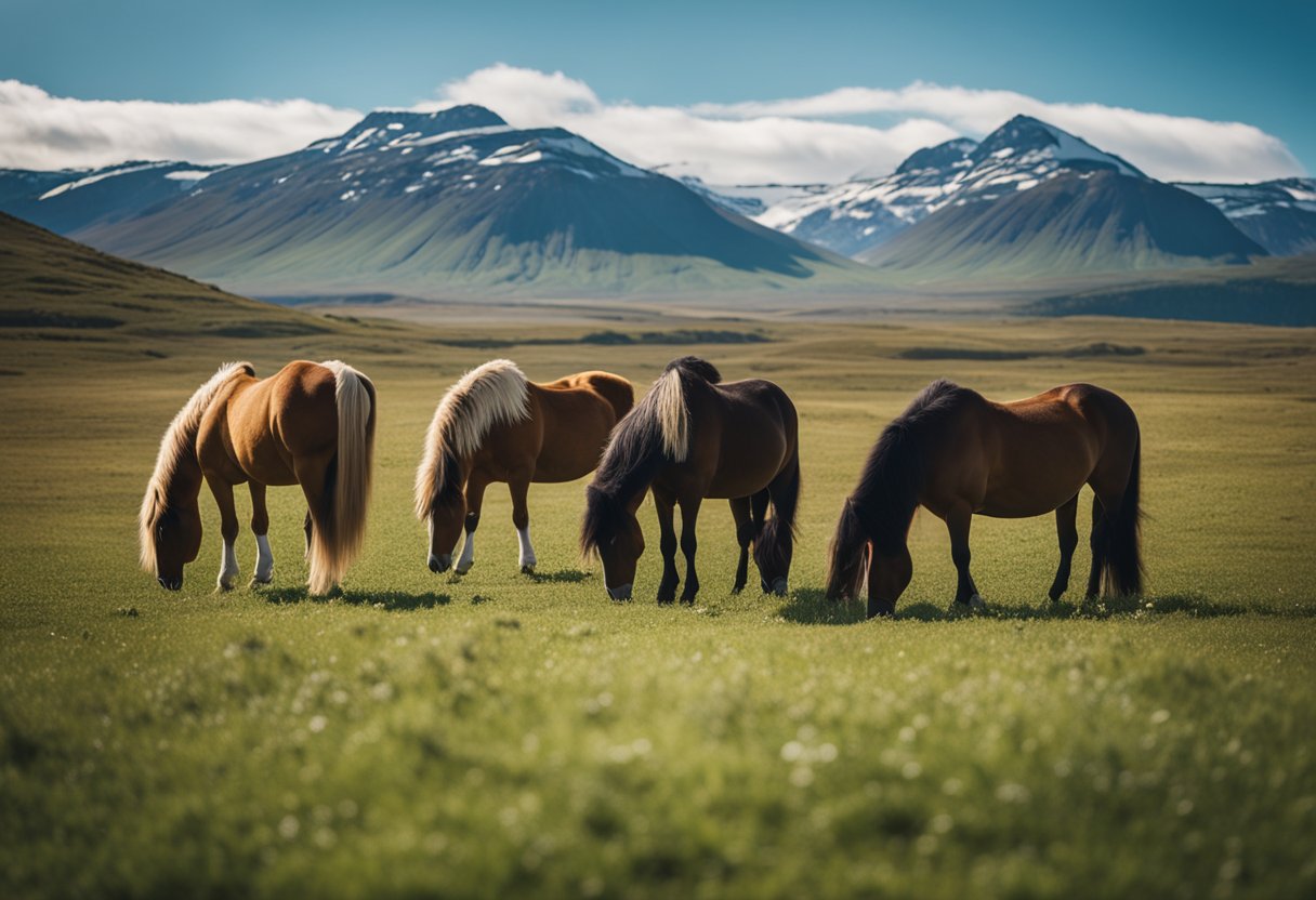 A group of Icelandic horses grazing in a lush, open field under a clear blue sky, with mountains in the background