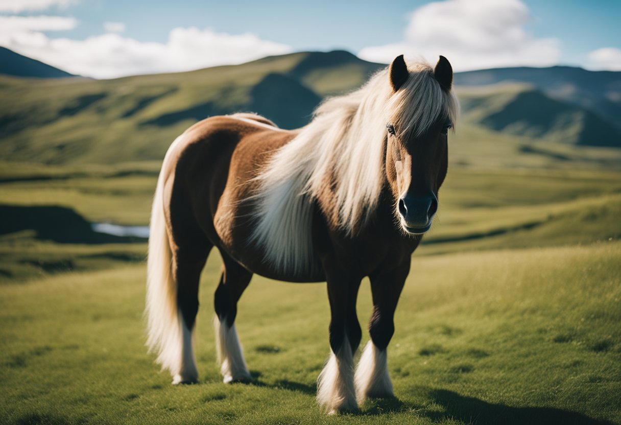 A serene Icelandic horse grazing in a lush green pasture, surrounded by rolling hills and a clear blue sky