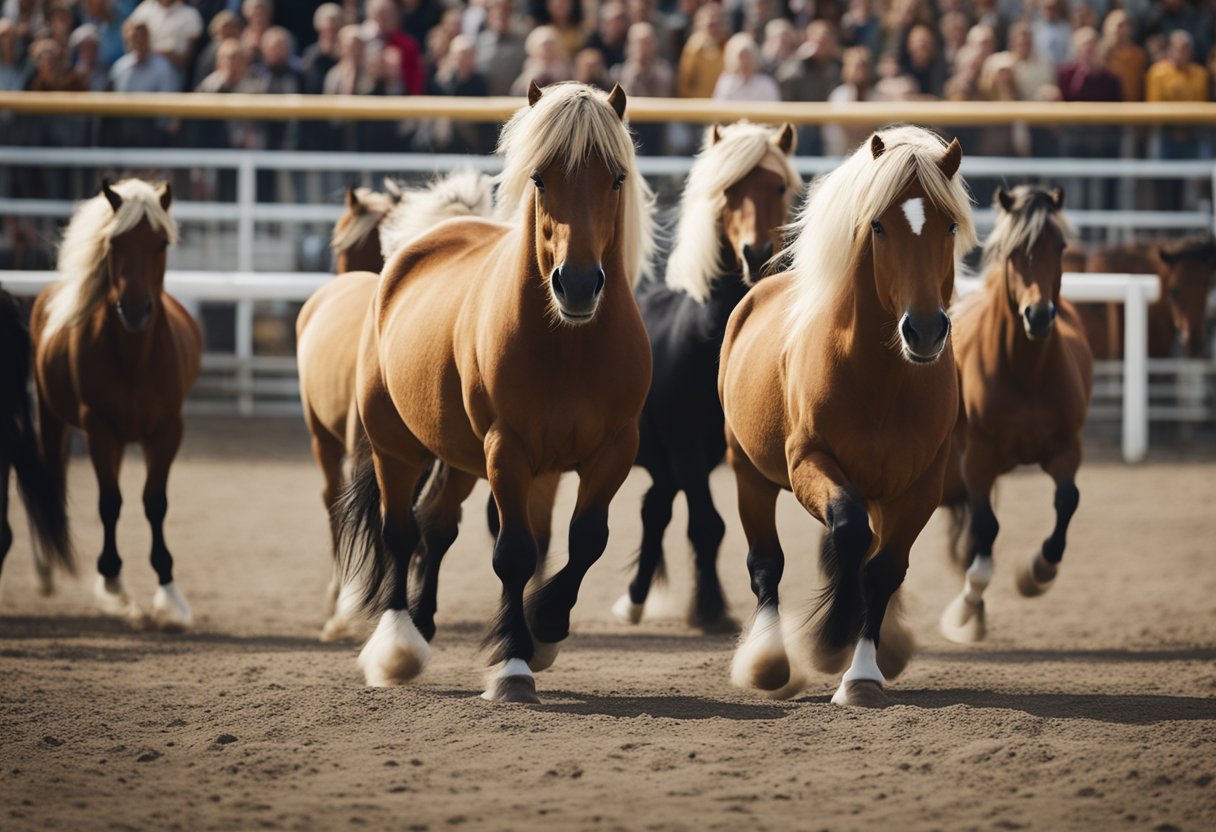 A group of Icelandic horses perform intricate maneuvers in a show ring, showcasing their strength and agility to an enthusiastic audience
