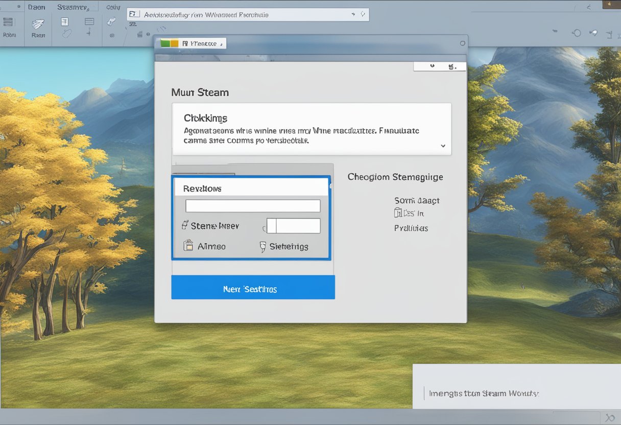 Steam icon on Windows desktop, settings menu open, "Interface" tab selected, checkbox next to "Run Steam when my computer starts" checked