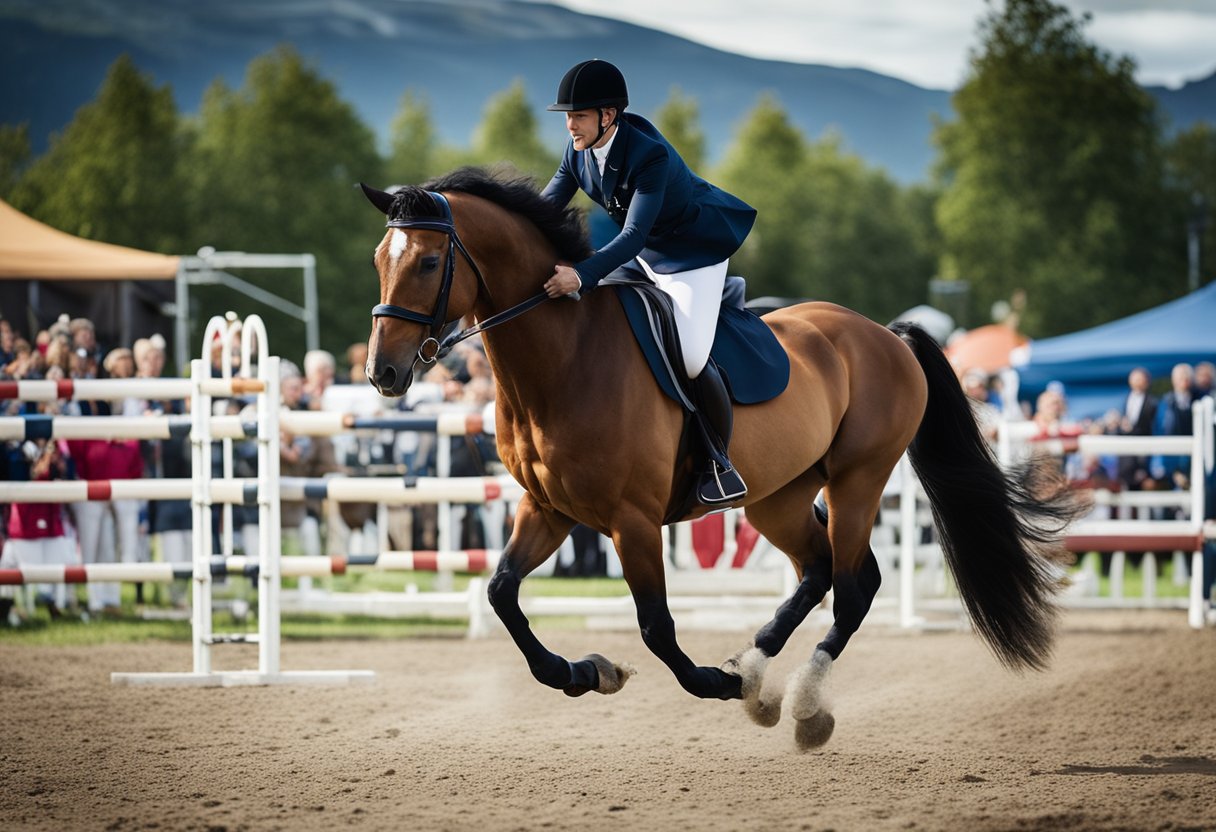 Islandic horse show: A beginner's guide to success. Capture the energy and grace of horses performing in a show ring, with spectators cheering in the background