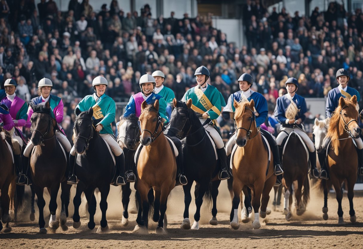 A crowded arena with colorful banners and excited spectators. Riders in traditional Icelandic horse gear prepare for competition. The air is filled with the sound of hoofbeats and cheers