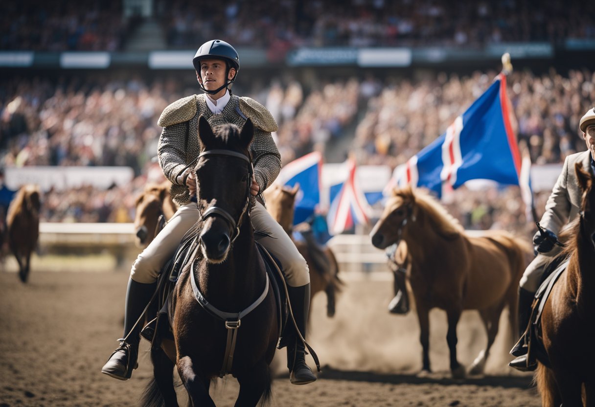 A crowded arena, with colorful banners and excited spectators, as a rider confidently guides their Icelandic horse through a series of challenging maneuvers