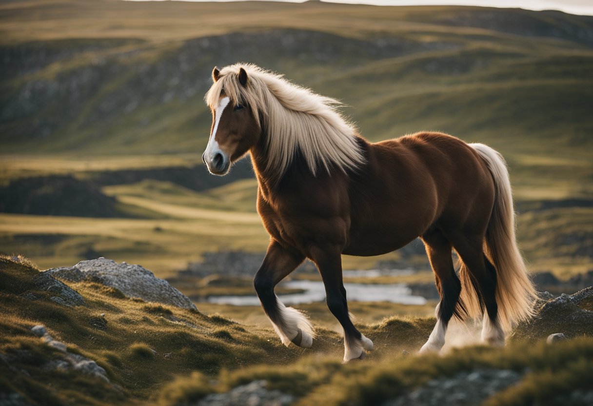 A majestic Icelandic horse trots through a rugged landscape, showcasing its unique gaits in "Islandshestens Unike Gangarter: En Dybdegående Utforskning."