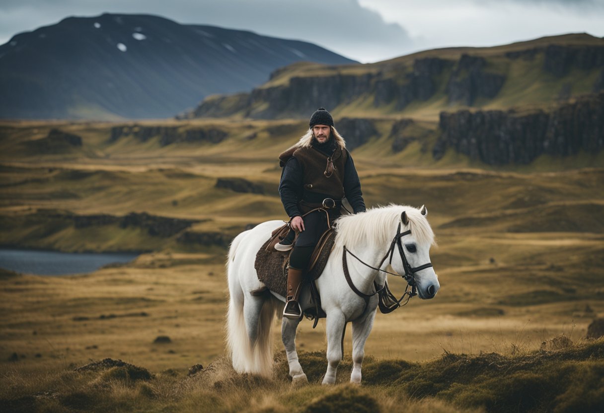 A rider in traditional Icelandic gear guides a sturdy Icelandic horse through a rugged, scenic landscape