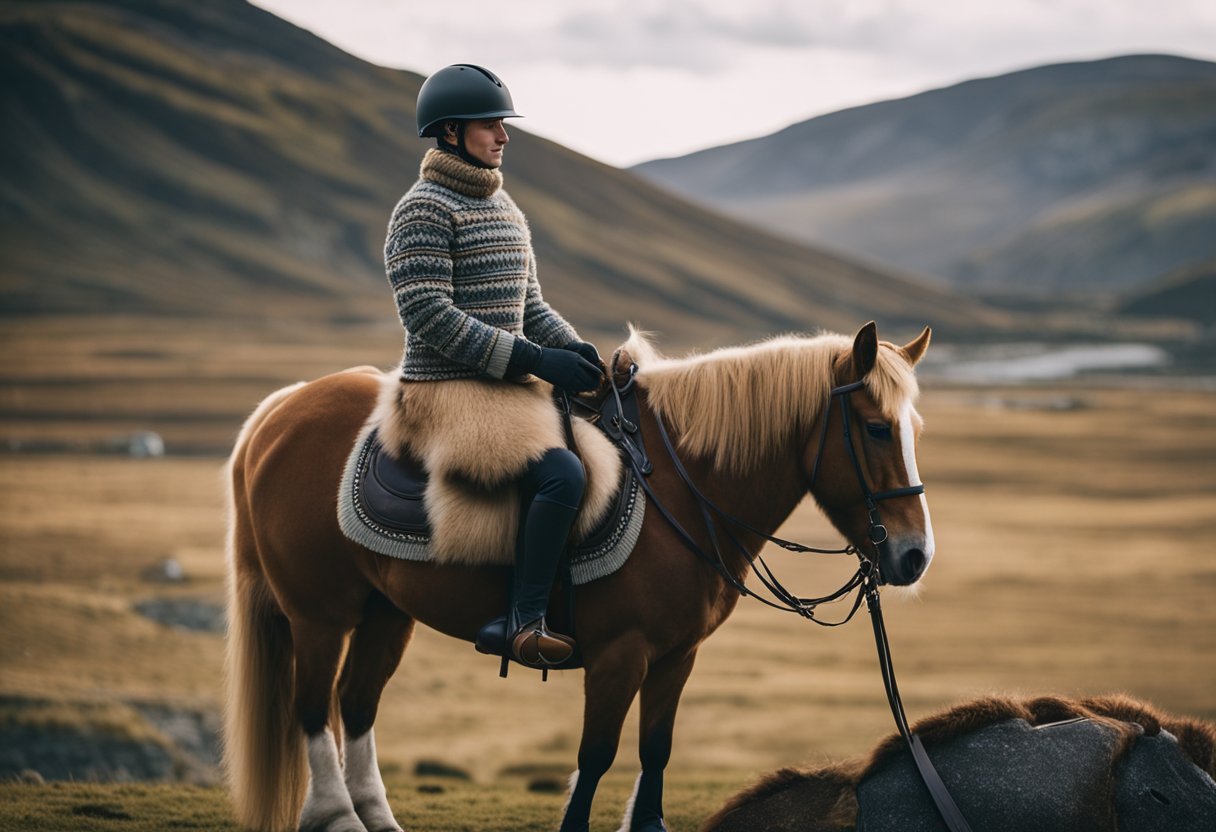 A rider in traditional Icelandic horse attire, including a sturdy helmet, woolen sweater, and riding boots, stands next to a well-groomed Icelandic horse with a saddle and bridle