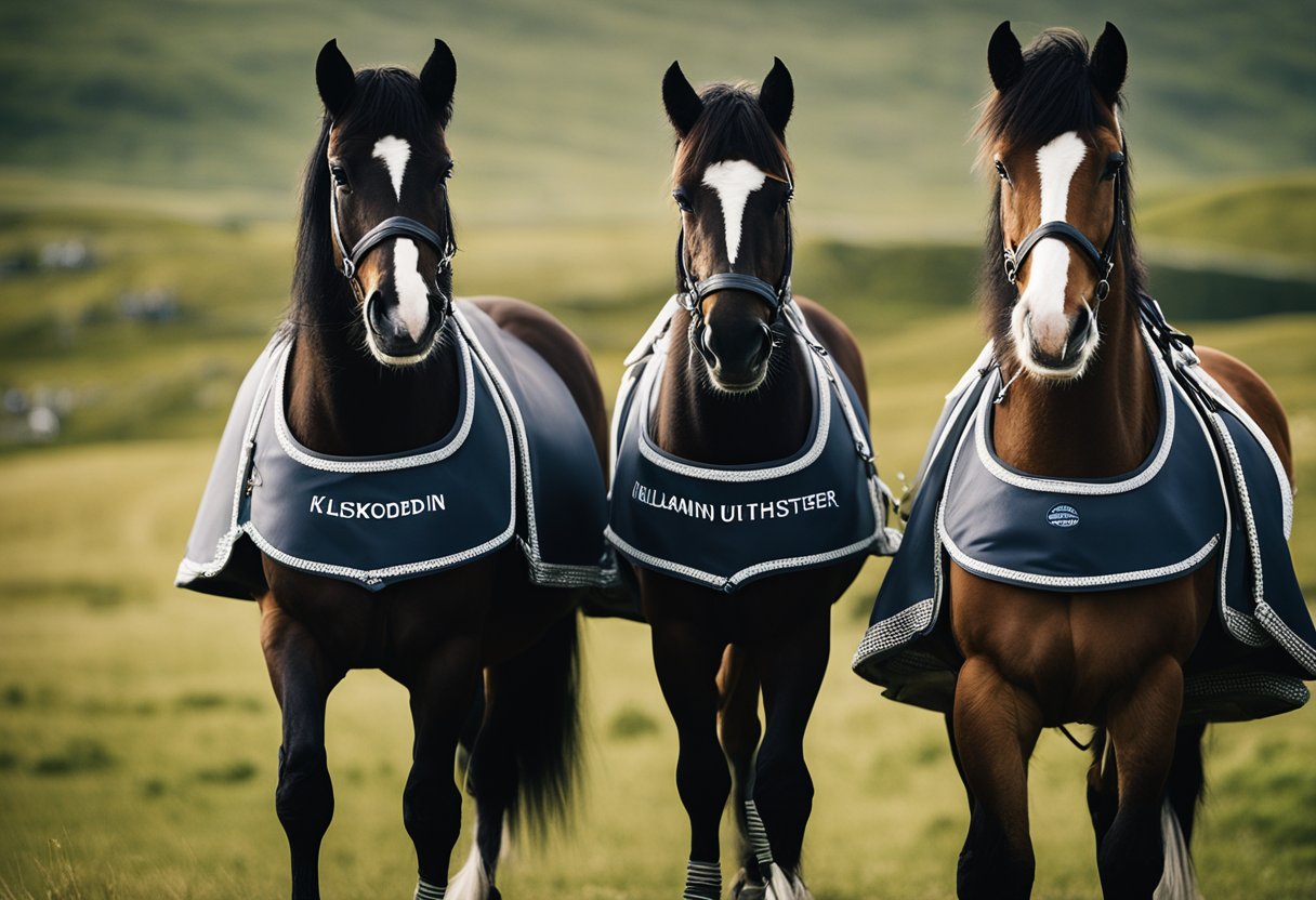 A group of Icelandic horses with riding gear, labeled "Kleskode og Utstyr: Din Guide til Ridning av Islandshester."