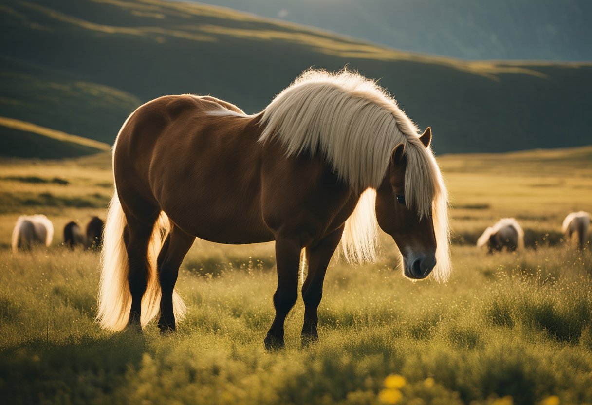 A serene Icelandic horse grazes in a lush meadow, its ears perked attentively. The sun casts a warm glow, highlighting the horse's sturdy build and thick, flowing mane