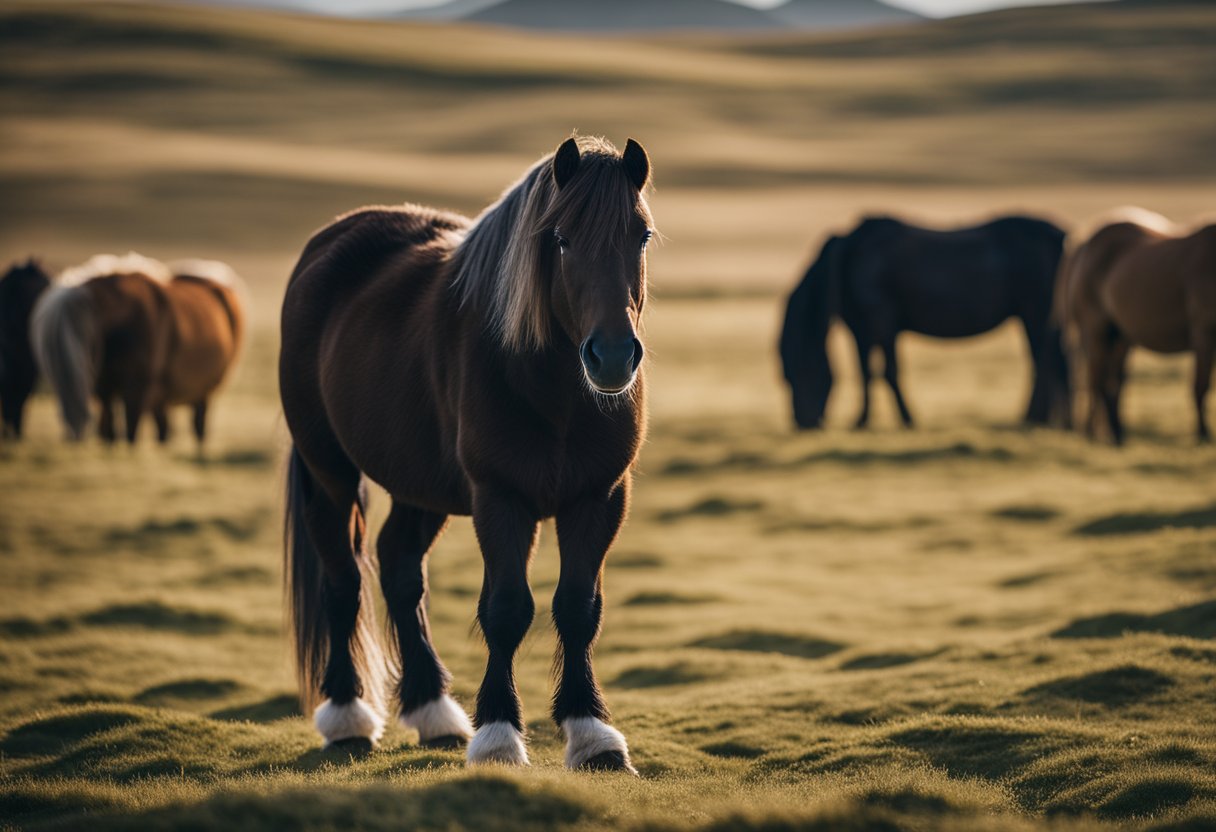 An Icelandic horse stands calmly, ears pricked forward, showing alertness and curiosity. Its body language reflects a deep understanding of its surroundings and a strong connection to its environment
