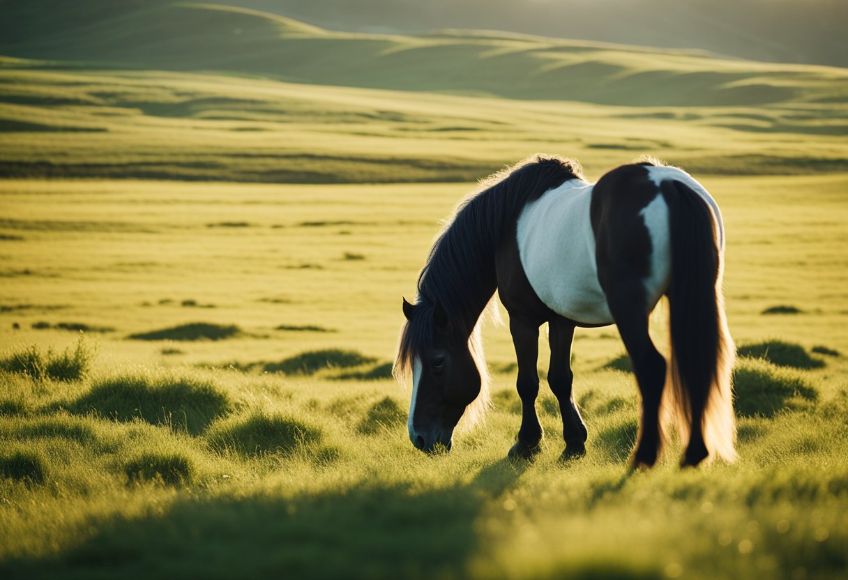 An Icelandic horse calmly grazes in a lush green field, displaying relaxed body language and contentment. The sun shines down, casting a warm glow over the peaceful scene