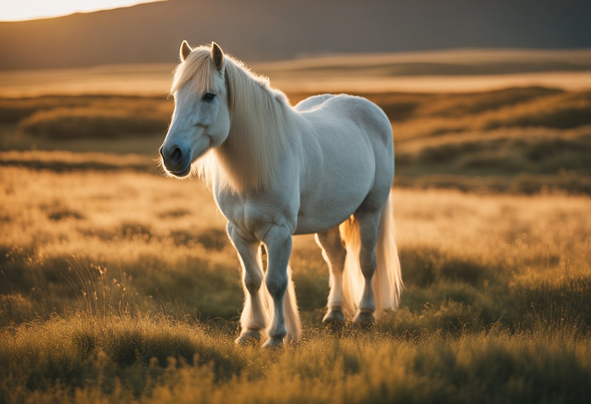An Icelandic horse standing in a tranquil field, ears perked forward, alert and curious. The sun is setting, casting a warm glow over the landscape