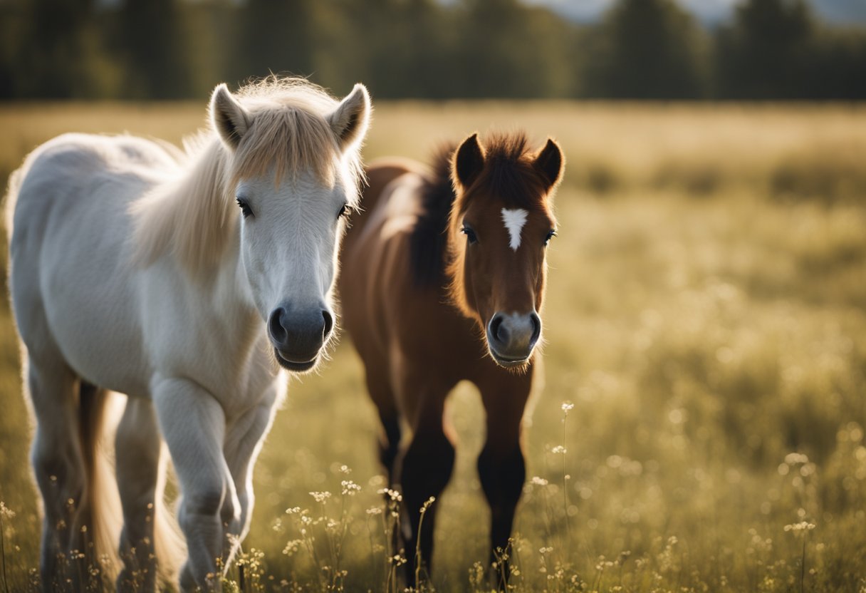 A young Icelandic horse grows from foal to adult, showcasing various stages of development in a natural, open field setting