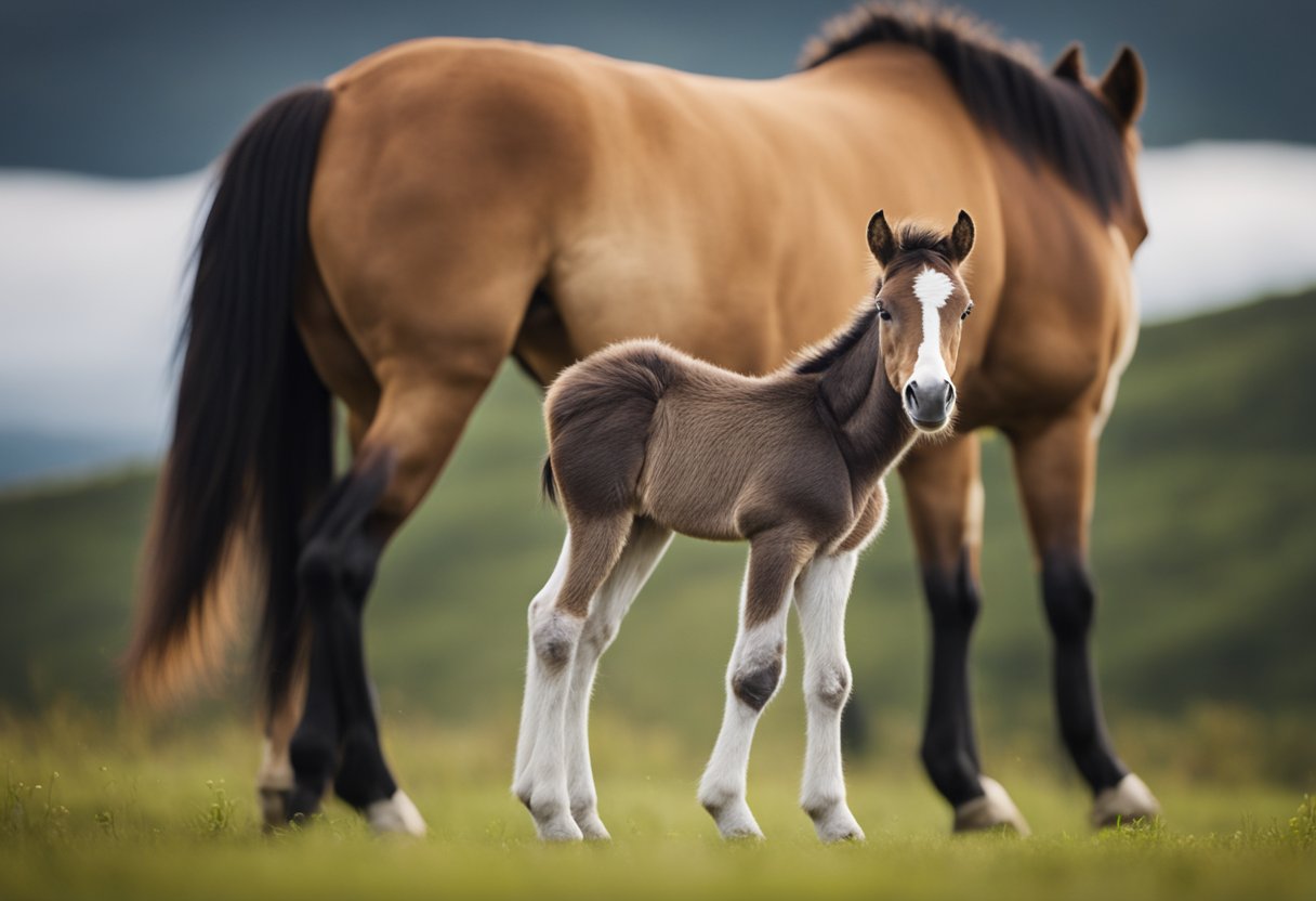 A newborn Icelandic foal standing beside its mother, gradually growing into a fully-grown horse, showcasing the different stages of development