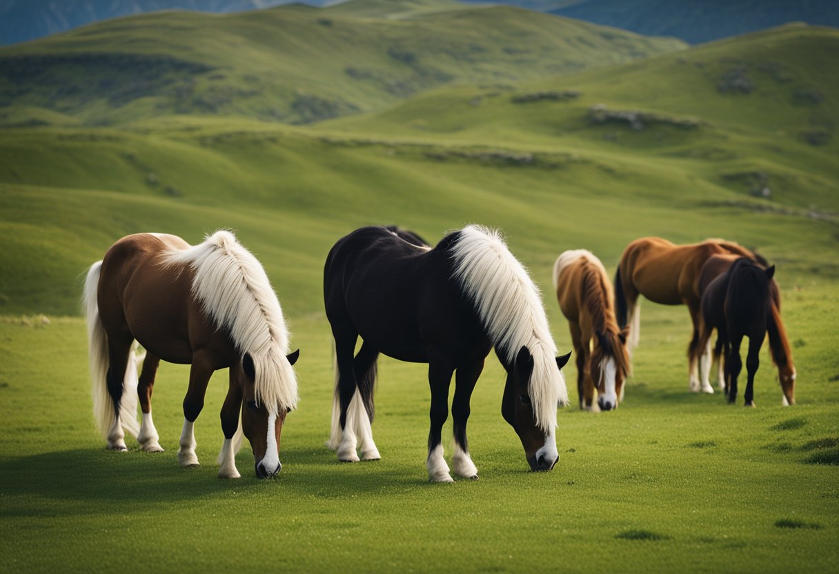 A group of Icelandic horses in various stages of development, from foals to fully grown adults, grazing in a lush green pasture with a mountainous backdrop