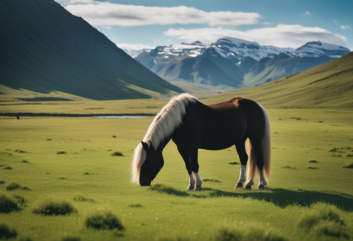 A serene Icelandic horse grazing in a lush, green pasture, with a backdrop of rugged mountains and a clear, blue sky