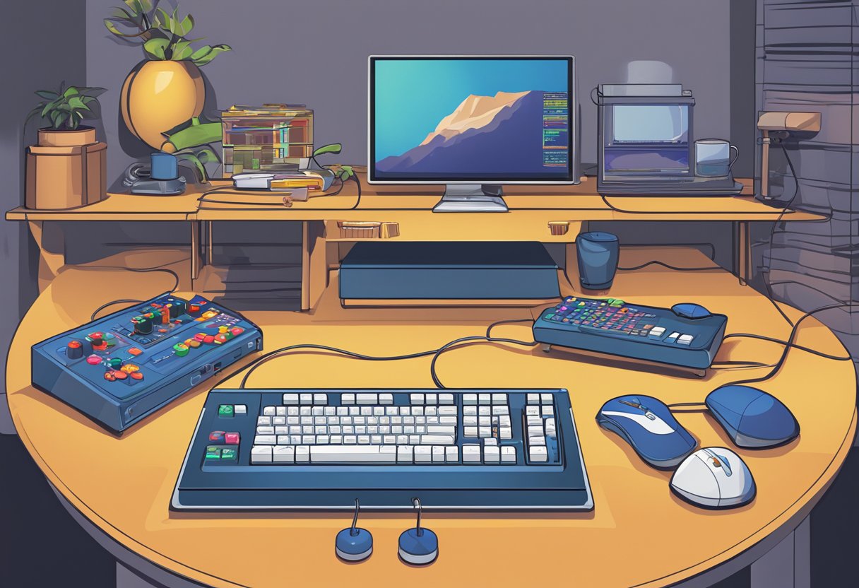 A computer screen displaying the MAME interface with arcade game options. A keyboard and mouse are positioned nearby for setup