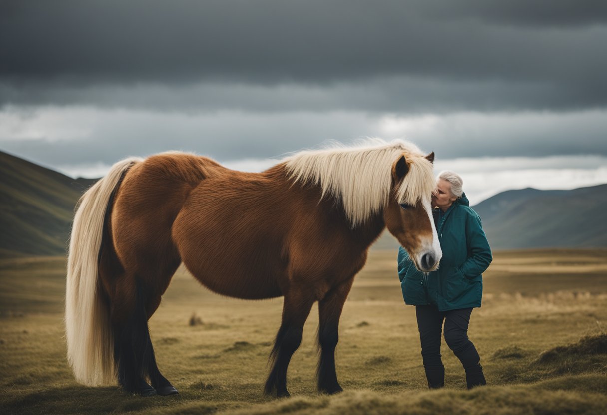 Elderly Icelandic horses in a peaceful, natural setting with caregivers providing gentle care and attention