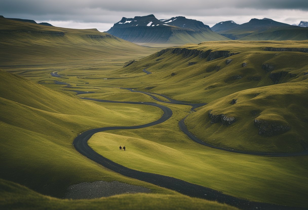 A serene Icelandic landscape with rolling hills, rugged terrain, and a winding trail for horseback riding