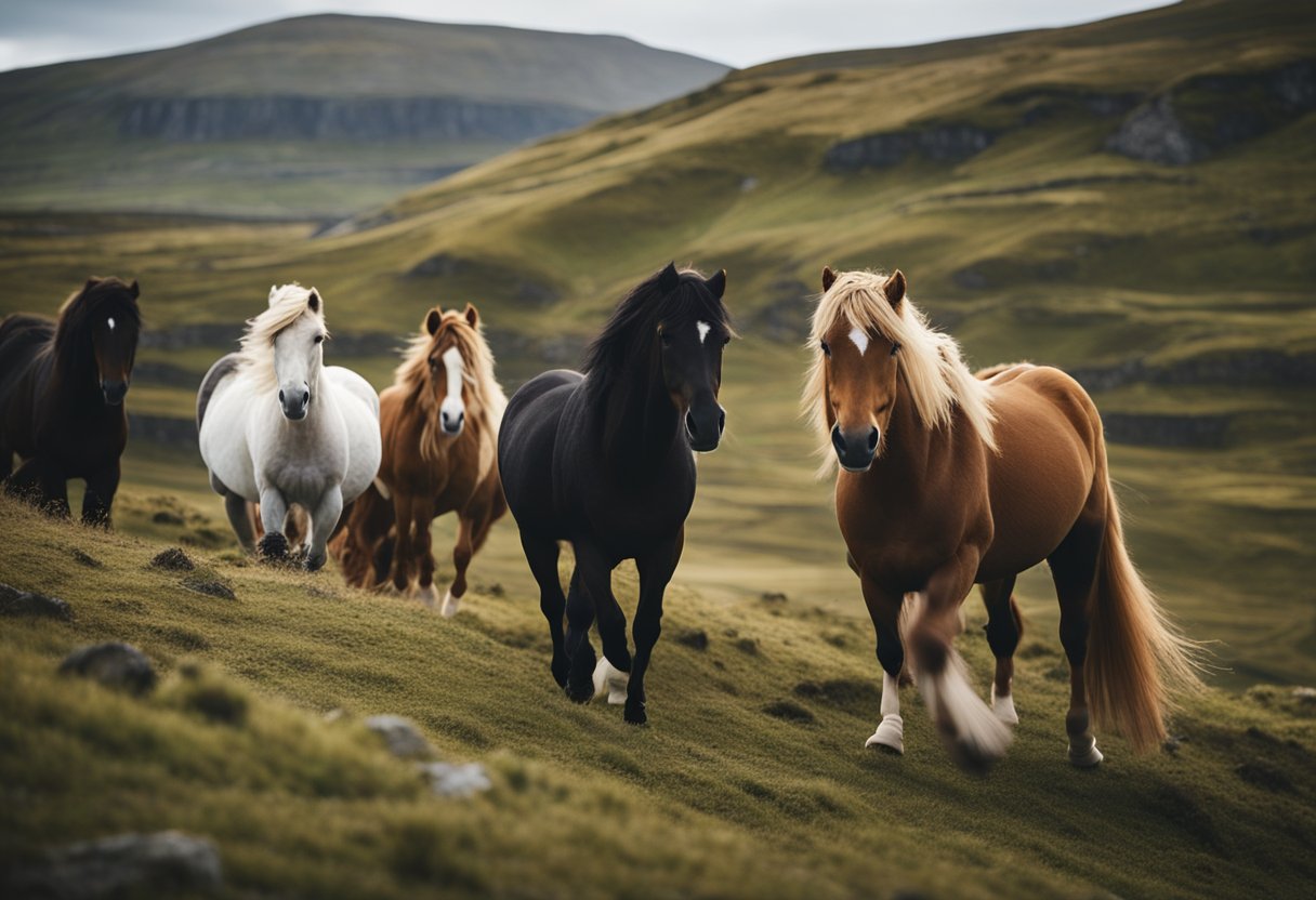 A group of Icelandic horses traverse a rugged landscape, with rolling hills and dramatic cliffs in the background. The horses move gracefully through the terrain, showcasing their strength and agility