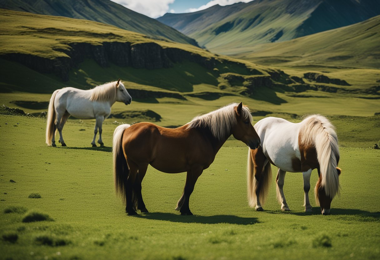 A group of Icelandic horses grazing in a lush, green pasture, with a backdrop of rugged mountains and a clear blue sky