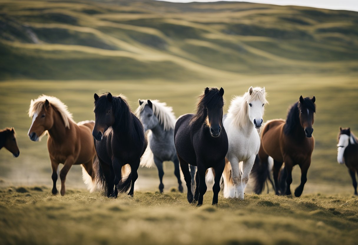 A group of modern Icelandic horses in a variety of activities, from riding to herding, showcasing their versatility and historical significance