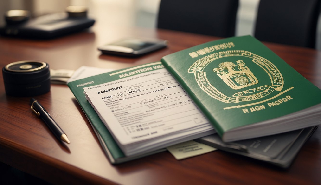 Nigerian passport, business documents, and visa application form on a desk with Japanese flag in the background
