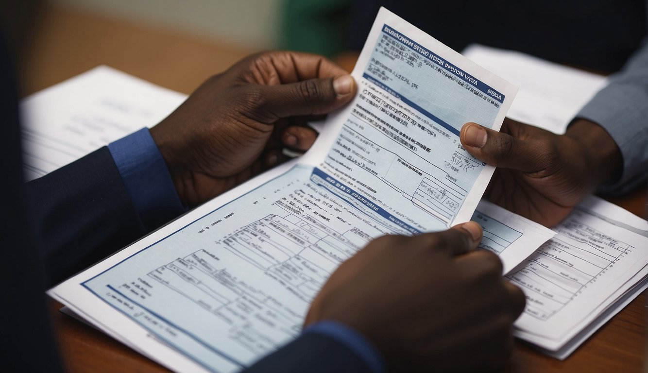 A Nigerian citizen submits documents for a Japan business visa at an embassy. Required papers include passport, application form, and invitation letter