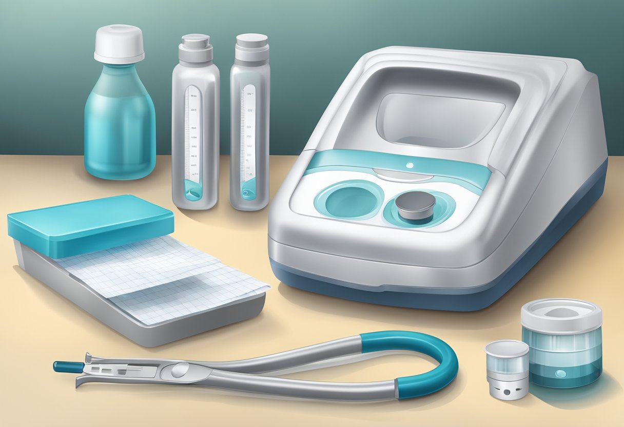 Un kit d'outils de diagnostic pour l'incontinence par débordement sur une table médicale