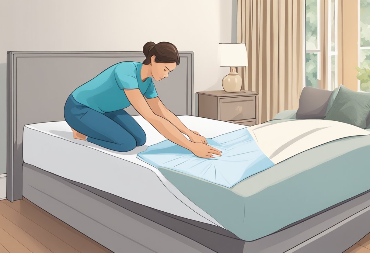 A person placing a pad on a bed to prevent overflow incontinence