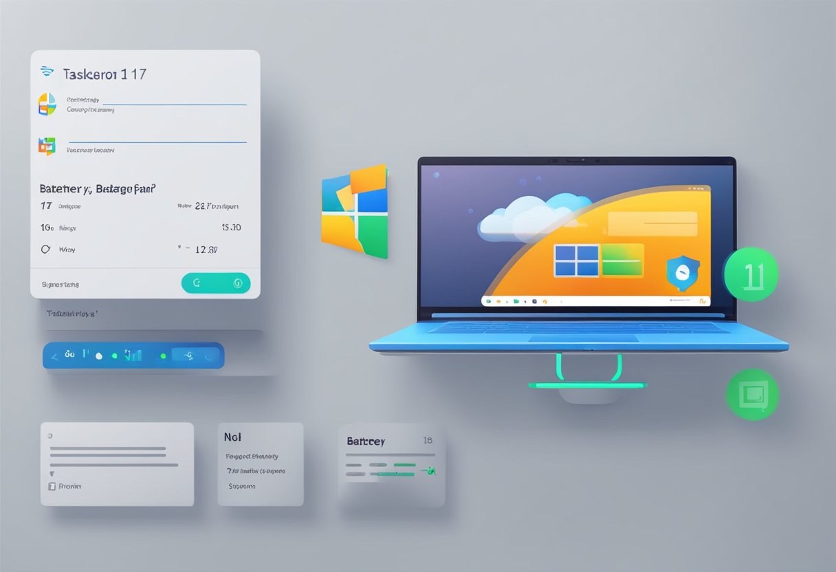 A laptop screen with Windows 11 interface showing battery icon and percentage display in the taskbar