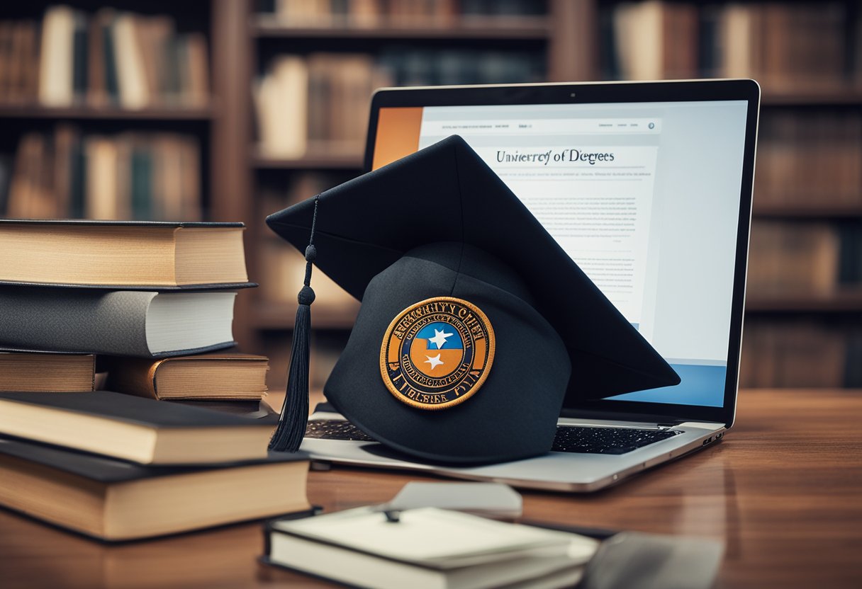 A laptop displaying University of Texas online degrees website, surrounded by books and a graduation cap