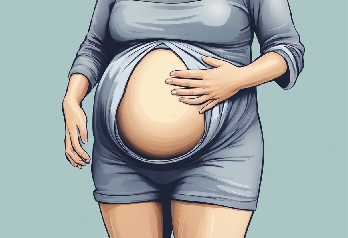 A pregnant woman standing with a wet spot on her clothing, holding her stomach in discomfort