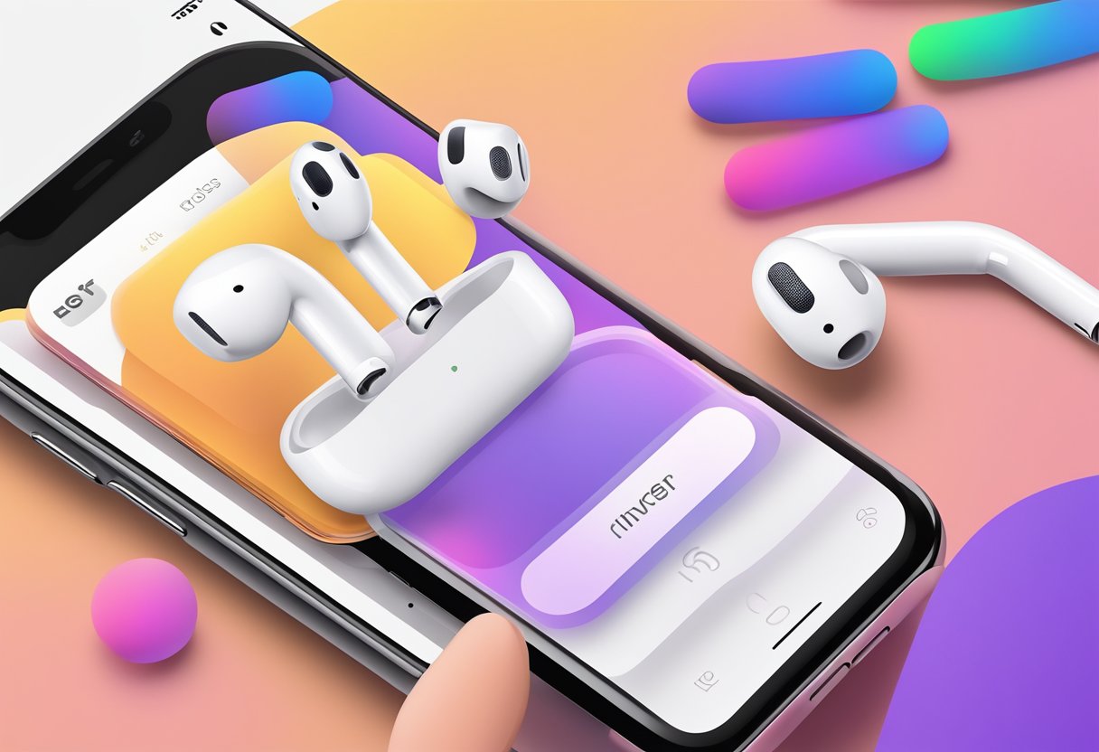 AirPods in case, phone displaying music app, finger tapping screen to skip song